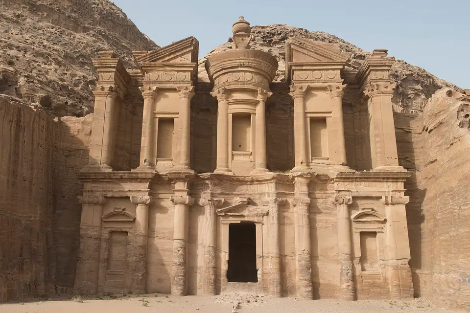 The rock-cut facade of the Monastery, Ad Deir, set into the hillside at Petra