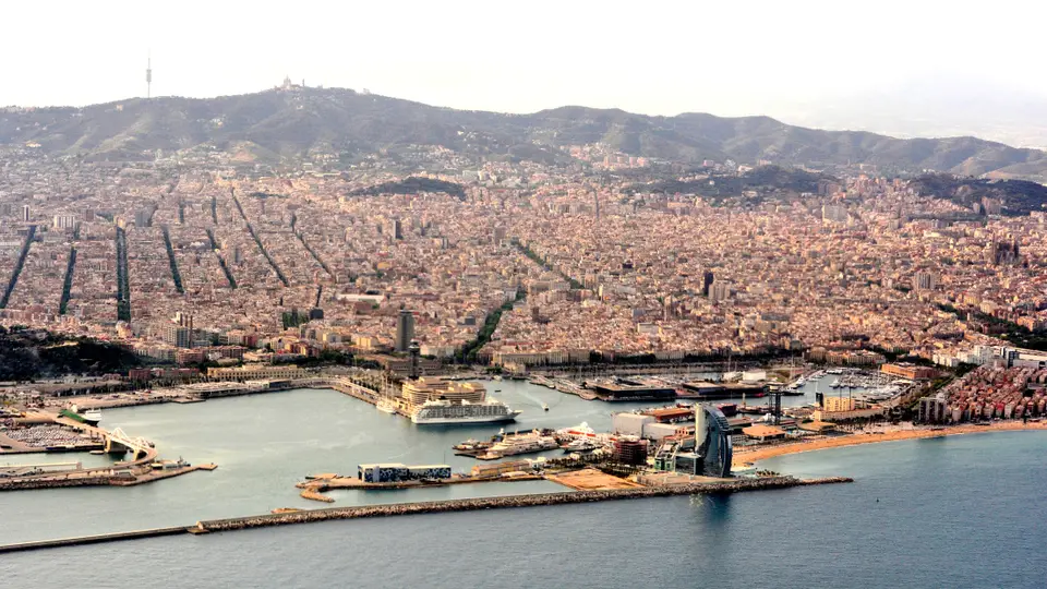Barcelona and its port from the air on the approach to the airport