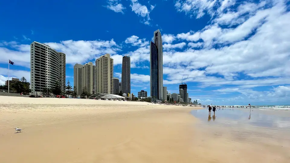 High-rise towers lining the wide sandy beach at Surfers Paradise on the Gold Coast