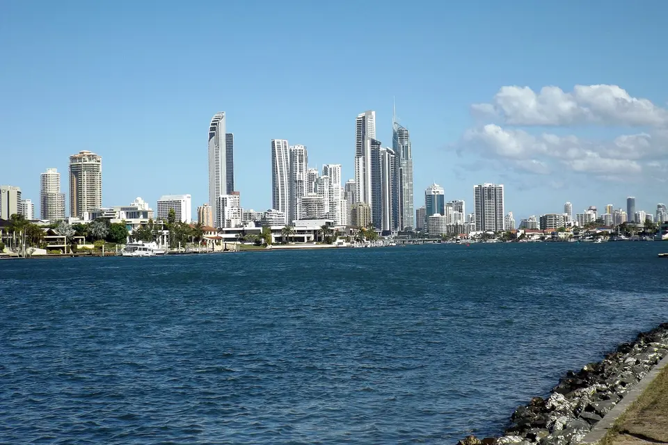 The Surfers Paradise skyline seen across the blue water of the Nerang River from Southport