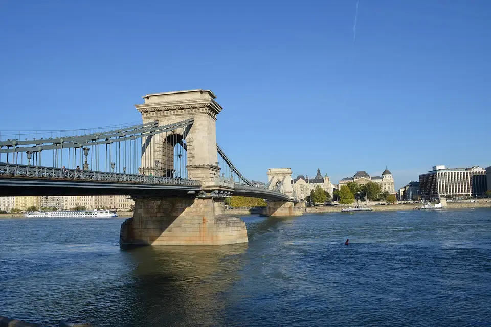 The Széchenyi Chain Bridge crossing the Danube in Budapest on a clear blue day