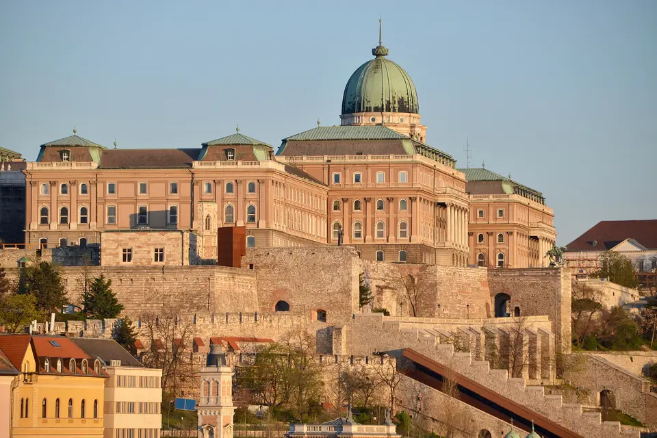 Buda Castle and its green dome on Castle Hill in Budapest in early morning sun