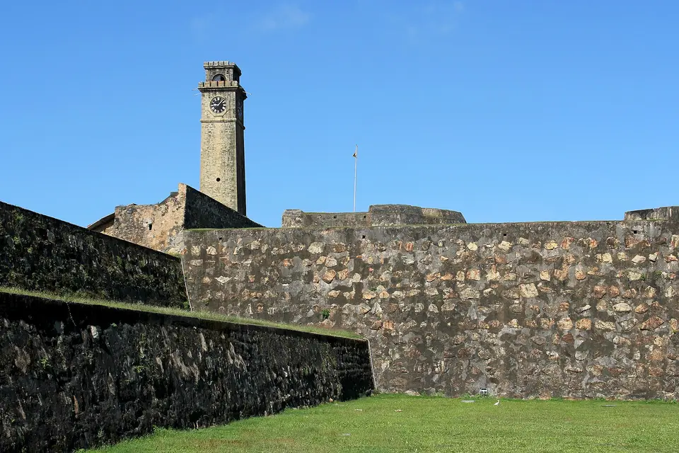 The clock tower above the stone bastions of Galle Fort