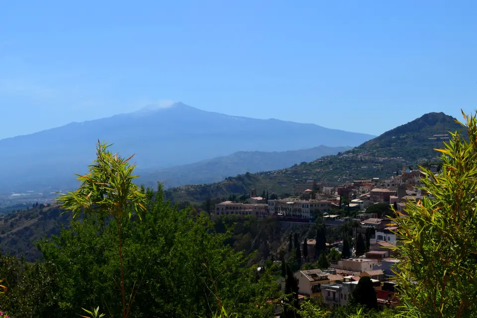 Mount Etna seen across the hills from Taormina