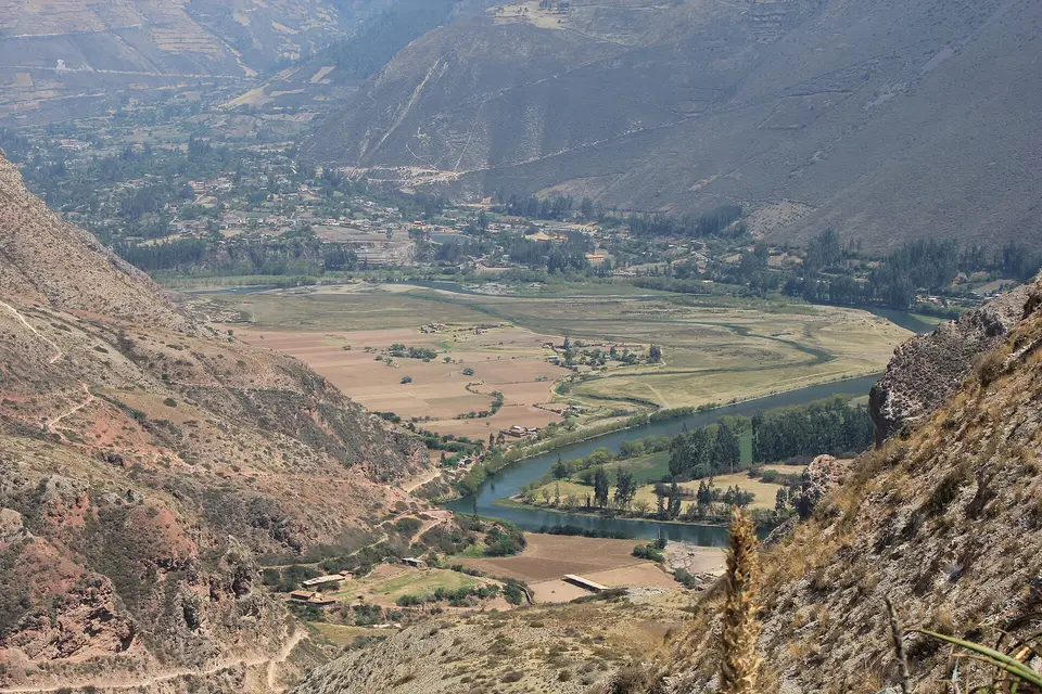 The Urubamba River winding past fields and villages on the floor of the Sacred Valley