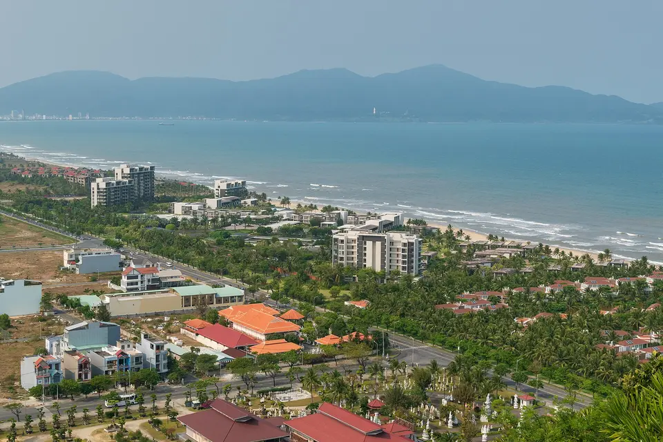 Beachfront hotels along the Da Nang coast seen from the top of the Marble Mountains