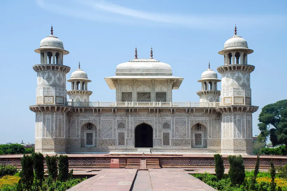 The white marble tomb of Itimad-ud-Daulah on the east bank of the Yamuna in Agra