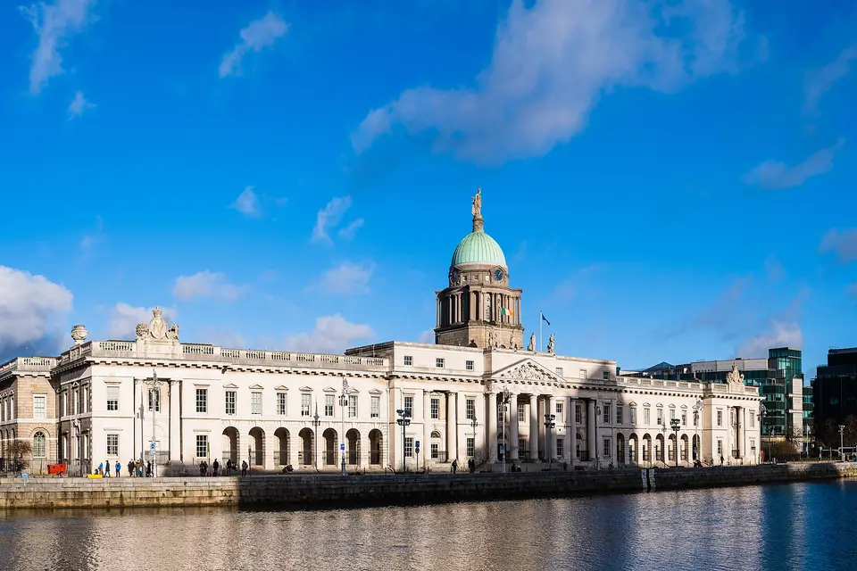 The Custom House in Dublin, with its green copper dome, seen across the River Liffey