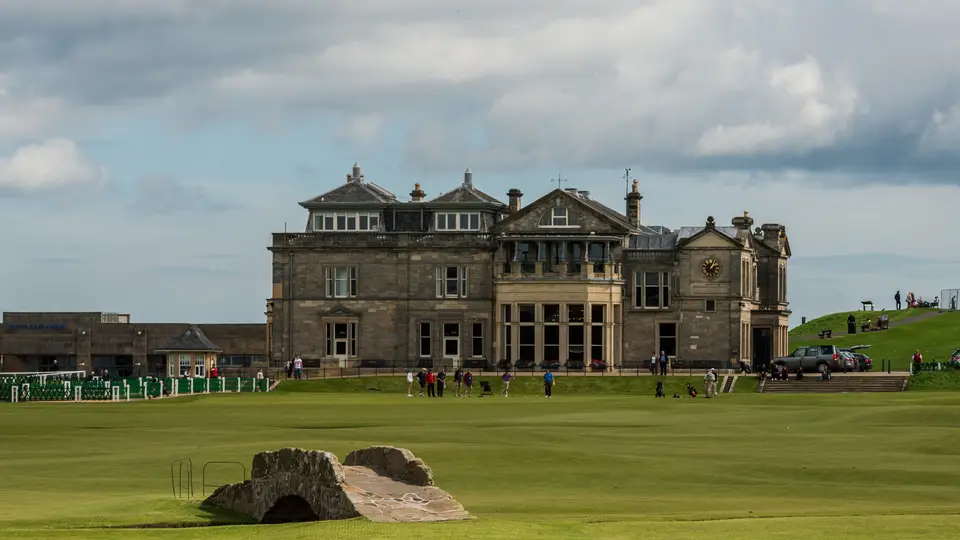 The R&A clubhouse beyond the Swilcan Burn on the Old Course at St Andrews