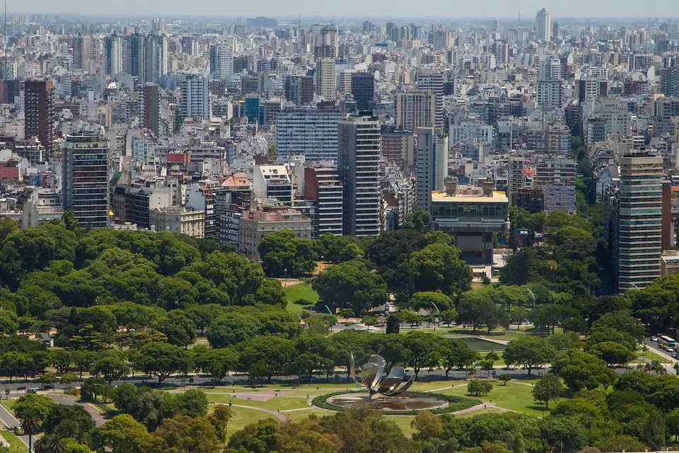 Recoleta apartment towers above the parks and the Floralis Genérica steel flower in Buenos Aires