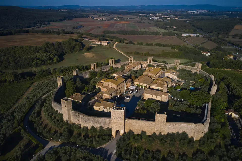 The walled hilltop village of Monteriggioni from the air