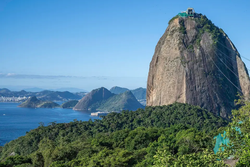 Sugarloaf Mountain rising above the forest and Guanabara Bay in Rio de Janeiro