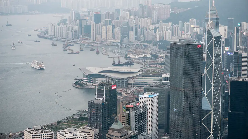 The towers of Central and the Victoria Harbour waterfront seen from the Peak in Hong Kong