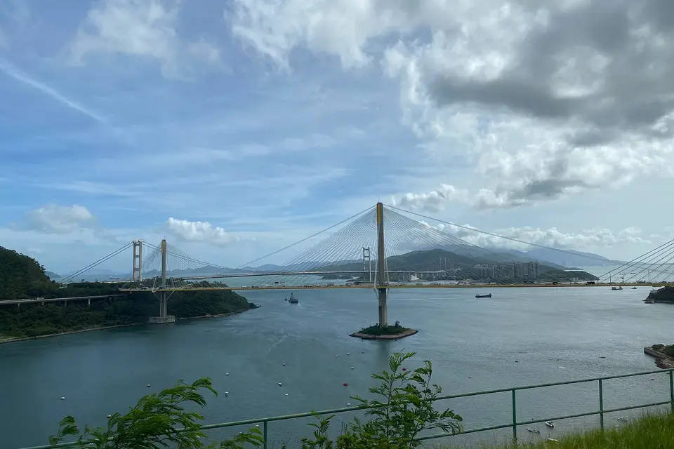 Ting Kau Bridge in front of the Tsing Ma Bridge, which carries the airport road into Hong Kong