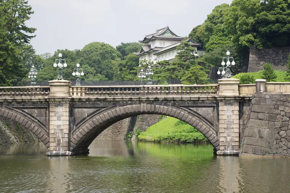 The stone arch of Seimon Ishibashi bridge over the moat below Tokyo's Imperial Palace