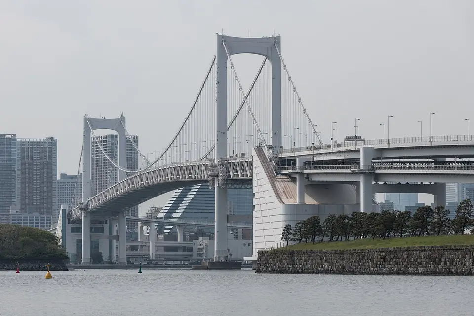 Rainbow Bridge spanning Tokyo Bay, seen across the water from Odaiba