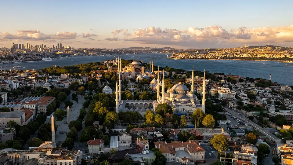 Aerial view of Sultanahmet with the Blue Mosque and Hagia Sophia, and the Bosphorus beyond