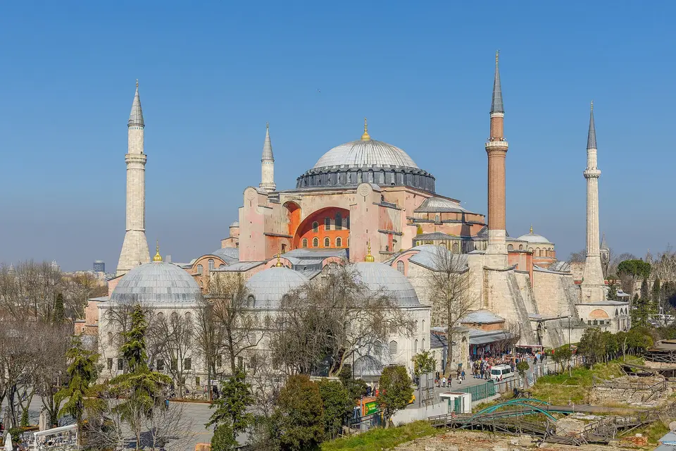 Hagia Sophia with its great dome and four minarets under a clear blue sky