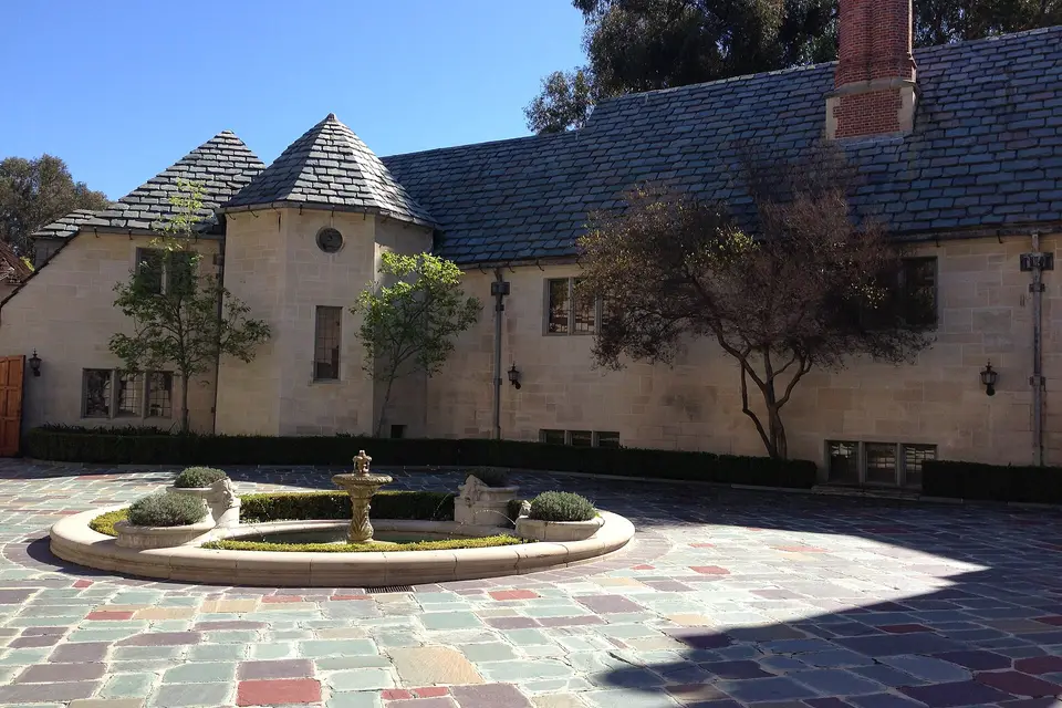 The stone courtyard and fountain of Greystone Mansion, a 1920s estate in Beverly Hills