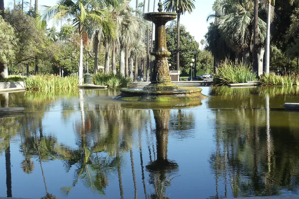 Palm trees reflected in the fountain pond of Will Rogers Memorial Park