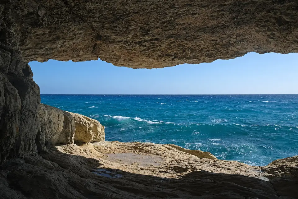 The Mediterranean seen through a sea cave in the cliffs of Cape Greco near Ayia Napa