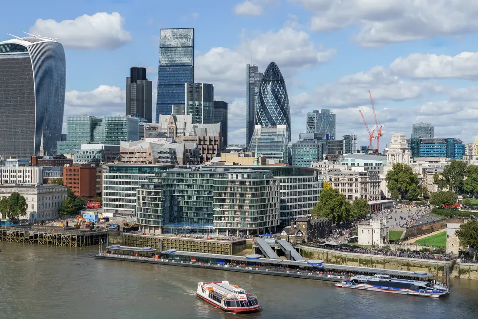 Towers of the City of London seen across the river