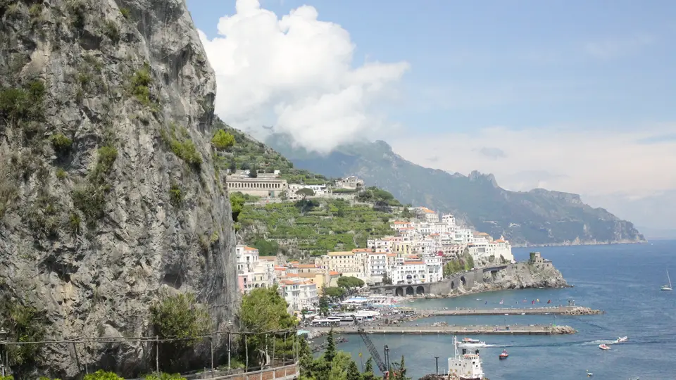 The town and harbour of Amalfi below the cliffs of the Amalfi Coast