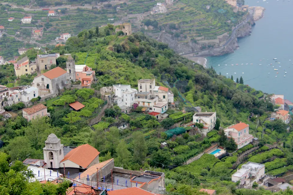 Terraced hillside and the sea below, seen from the gardens of Villa Rufolo in Ravello