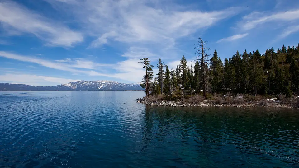 A pine-covered point and calm blue water on Lake Tahoe, with snowy peaks across the lake