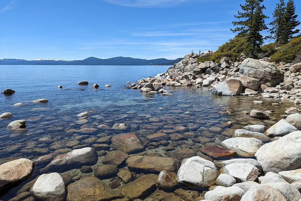 Clear water and smooth granite boulders along the shore at Sand Harbor, Lake Tahoe