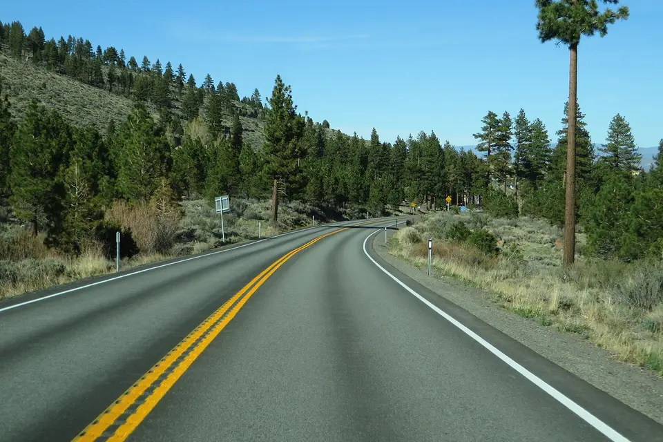 The Mount Rose Highway curving through pine forest between Reno and Incline Village
