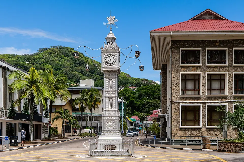 The silver clock tower at the centre of Victoria, the Seychelles capital, on a sunny day