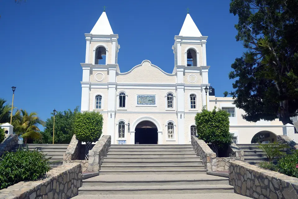 The white twin-towered mission church above a stone stairway in central San José del Cabo