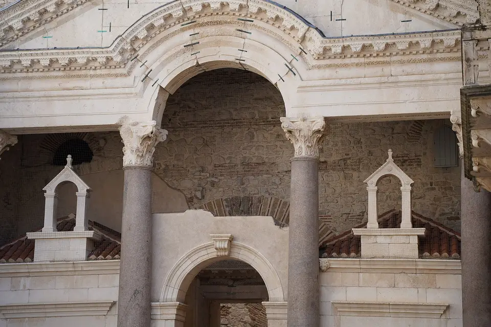 Columns and arches of the Peristyle, the Roman courtyard of Diocletian's Palace in Split