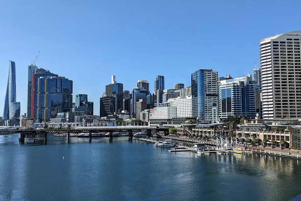 The Sydney CBD skyline rising behind the waterfront promenades of Darling Harbour