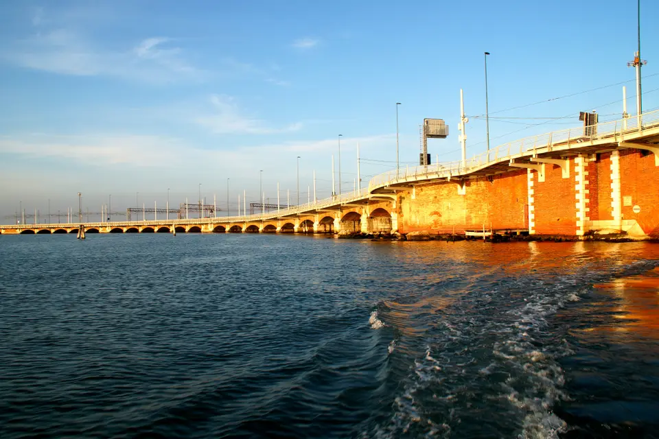 Ponte della Libertà crossing the lagoon at sunset