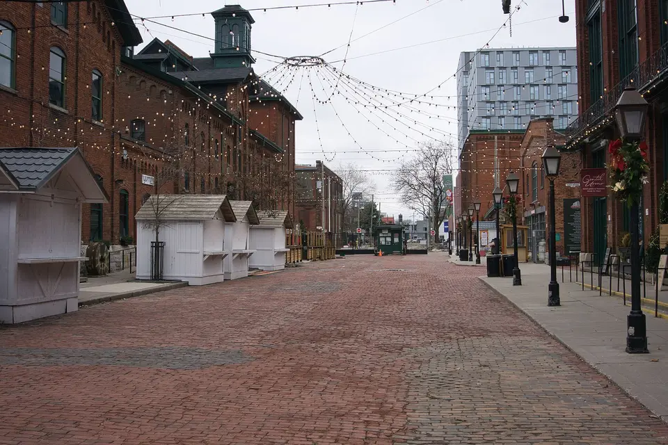 Red-brick Victorian industrial buildings along an empty Trinity Street in the Distillery District